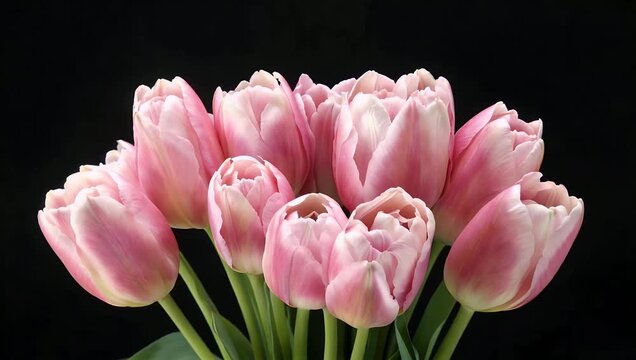 A 4K timelapse video showing a large bouquet of pink tulips gradually opening against a black background creating a cinematic floral display suitable for spring holidays celebrations or romantic