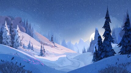 Enchanting winter landscape with snow covered mountains and pine trees under a starry night sky