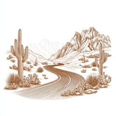 Serene desert landscape with a winding road saguaro cacti and distant mountains in sepia tone