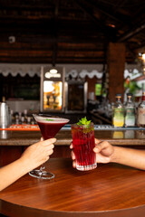 Cheers shot featuring a watermelon martini cocktail in one hand and a red mint-garnished highball cocktail in the other, with a softly blurred restaurant ambiance in the background.