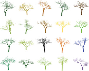 Various Tree Silhouettes in Different Colors on White Background for Creative Designs.