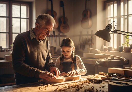 An elderly luthier passing his craft to his granddaughter (Legacy)