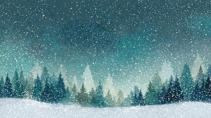 Enchanting winter forest scene with falling snow and ethereal blue and green aurora borealis light