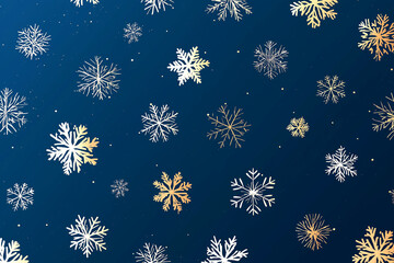 Snowflakes in various intricate designs scattered across a deep blue background, creating a winter wonderland atmosphere, perfect for holiday-themed projects and seasonal decorations
