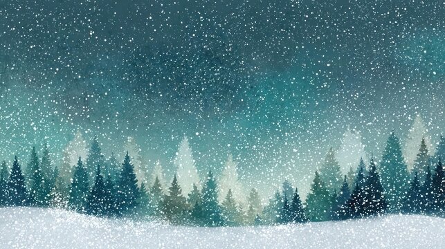Enchanting winter forest scene with falling snow and ethereal blue and green aurora borealis light - Powered by Adobe