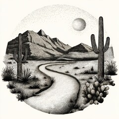 Ink drawing of a winding desert road leading through mountains with saguaro cacti under a full moon