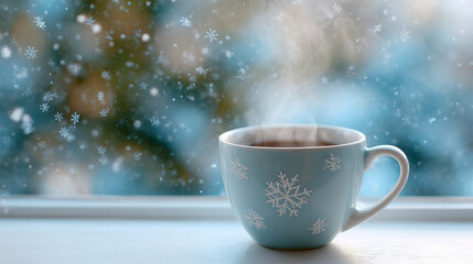 Warm steaming cup of hot beverage with snowflake design sits on windowsill, surrounded by softly falling snowflakes, creating a cozy winter atmosphere with blurred background