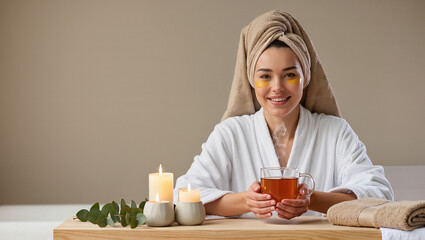 Relaxing After Bath: Woman In Towel Holding Hot Drink In Bathroom.