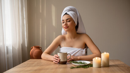Relaxing After Bath: Woman In Towel Holding Hot Drink In Bathroom.