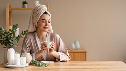 Relaxing After Bath: Woman In Towel Holding Hot Drink In Bathroom.