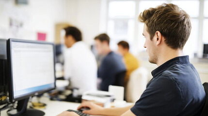 Young man with short hair working at a computer in a modern office environment, focused on screen, with colleagues collaborating in the background, showcasing teamwork and productivity