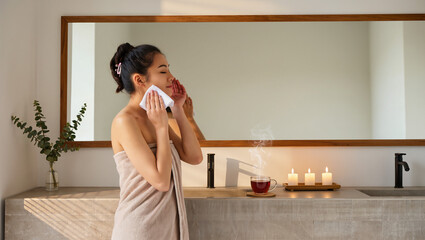 Relaxing After Bath: Woman In Towel Holding Hot Drink In Bathroom.
