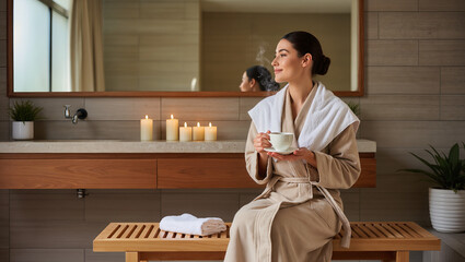 Relaxing After Bath: Woman In Towel Holding Hot Drink In Bathroom.