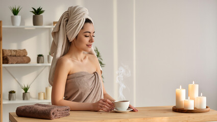 Relaxing After Bath: Woman In Towel Holding Hot Drink In Bathroom.