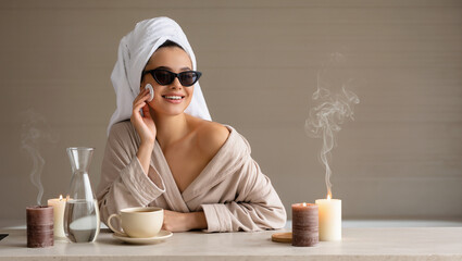 Relaxing After Bath: Woman In Towel Holding Hot Drink In Bathroom.