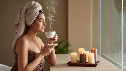 Relaxing After Bath: Woman In Towel Holding Hot Drink In Bathroom.