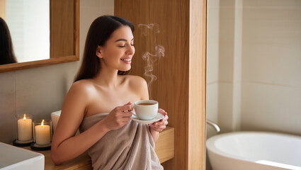 Relaxing After Bath: Woman In Towel Holding Hot Drink In Bathroom.