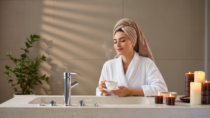 Relaxing After Bath: Woman In Towel Holding Hot Drink In Bathroom.