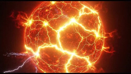 Vibrant energy sphere with molten, cracking surface and fiery electrical arcs, symbolizing immense cosmic power and dynamic elemental forces - Powered by Adobe
