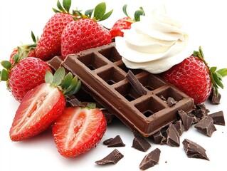 Chocolate waffle topped with whipped cream & strawberries, some chopped chocolate