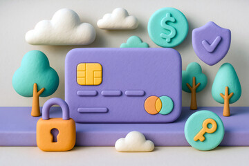 Playful plastiline payment scene with cloud safety tokens and fantasy financial landscape