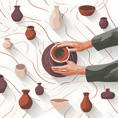 Crafting pottery from above in a creative workshop space with hands shaping clay on the wheel