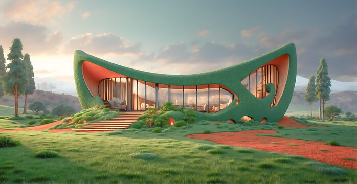 Organic-style house with sweeping curved architecture sits in a green open landscape; large glass panels, smooth shapes, and a green exterior that blends into the natural surroundings.