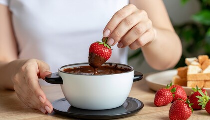 Hand dipping vibrant red strawberry into warm, glossy chocolate fondue, a delightful sweet treat
