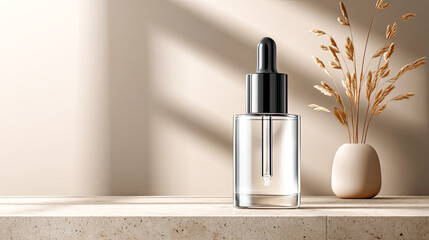 Minimalistische, helle Produkt-Szenen mit klaren Mockups für kosmetische Flaschen, Pumpspender, Tiegel und Tropfer. Sanftes Tageslicht, natürliche Materialien und ruhige Oberflächen