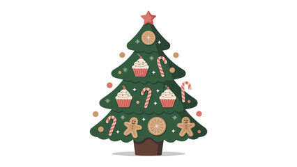 Festive Delights: An illustration of a Christmas tree adorned with ornaments and decorations in a playful and charming style. 