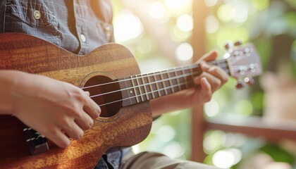 Fototapeta premium Close-Up of Young Musician Playing the Ukulele in Bright Sunlight, a Passionate Performance