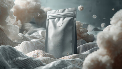 Metallic Silver Pouch Package Floating on Woven Blanket with Soft Lighting