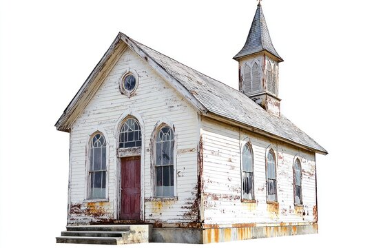 Dilapidated white wooden church with steeple and peeling paint, isolated