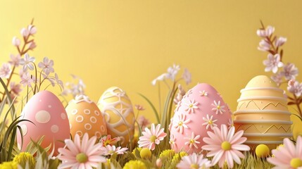 Delightful Easter egg display among wildflowers on a sunny day, perfect for spring celebrations, family gatherings, and cheerful seasonal promotions