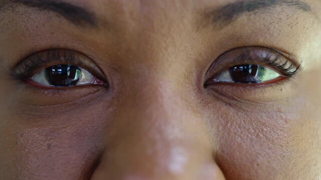 Macro close up of African American woman&rsquo;s eyes in calm expression, intimate portrait showing focus, strength, and the depth of inner reflection