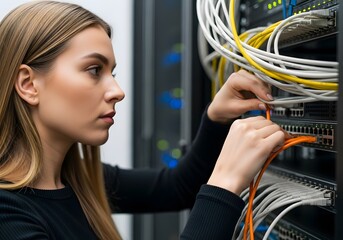 Focused Female Engineer Connecting Orange Network Cable in Server Rack, Data Center Technology