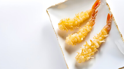 Minimalist food photography featuring four tempura shrimp placed diagonally. The texture of the ceramic plate is clearly visible. There are faint shadows in the blank area of the background. Cool whit
