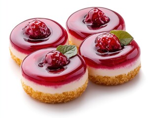 Four mini cheesecakes topped with berry jelly and raspberry