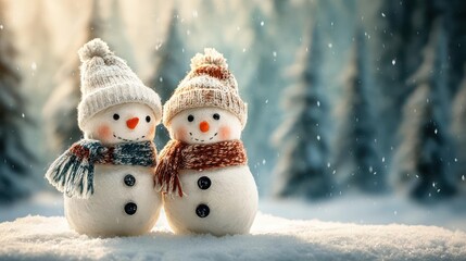 Two adorable knitted snowmen wearing cozy hats and scarves standing together in a snowy winter forest