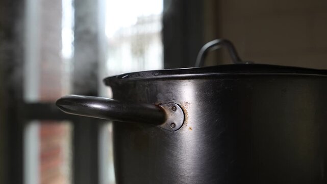 In the kitchen, the pot on the stove boils, and water and steam escape from the lid.