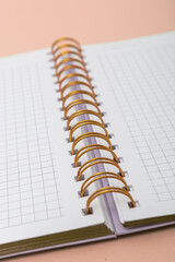 Open notebook with golden spiral. Concept of planning, education and organization. Vertical photo