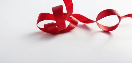 Red satin ribbon curled and looped on a clean white surface festival happy