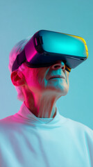 Elderly woman wearing virtual reality headset, immersed in digital experience, with vibrant lighting creating a futuristic atmosphere, showcasing technology and innovation in modern entertainment