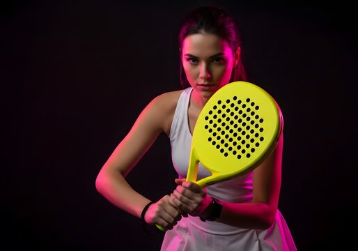 Determined Woman Padel Player in Fighting Stance Holding Yellow Racket in Dramatic Neon Light