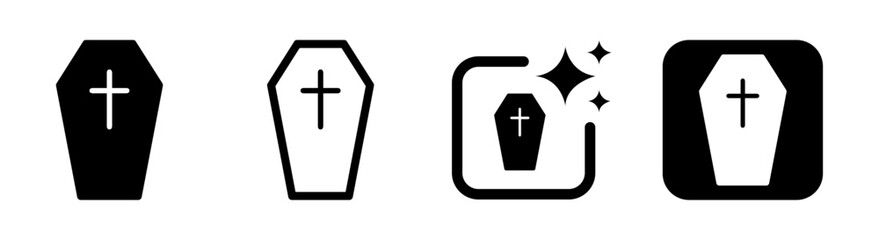 Coffin icon with cross for Halloween death sign and afterlife in black transparent PNG vector illustration