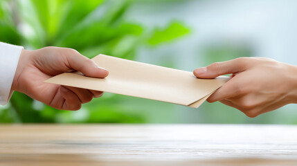 Two hands exchanging a beige envelope in a bright, natural setting, symbolizing communication, connection, and the importance of personal interactions in a digital age