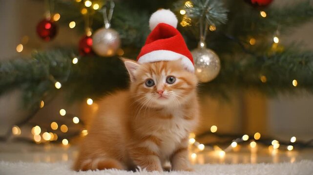 Ein kleines rotes K&auml;tzchen sitzt unter einem festlich geschm&uuml;ckten Weihnachtsbaum