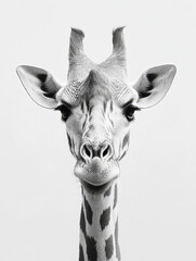Obraz premium Black and white portrait of a giraffe's face staring directly forward showcasing its distinctive markings and gentle expression.