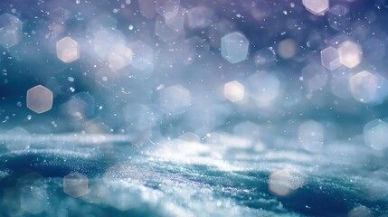 Abstract ethereal bokeh lights shimmering over turbulent ocean waves under a mystical starry night sky