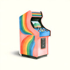Vintage arcade game sticker showcasing pastel colors and a rainbow design for colorful decor